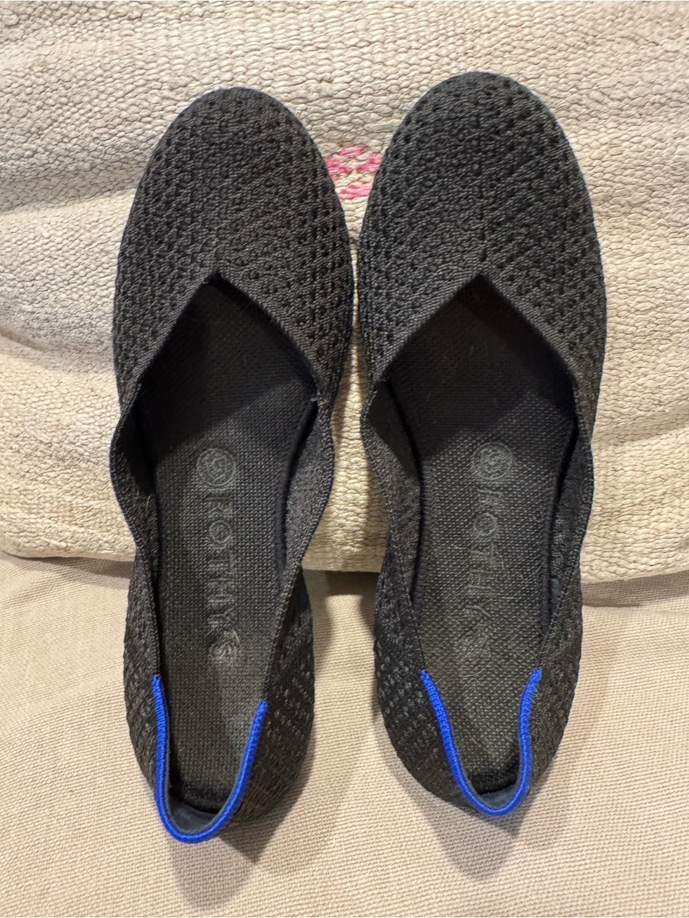 Rothy’s - The Point - Black Knit Flats with Blue Heel Trim- Shrunk / Fits Like 8
